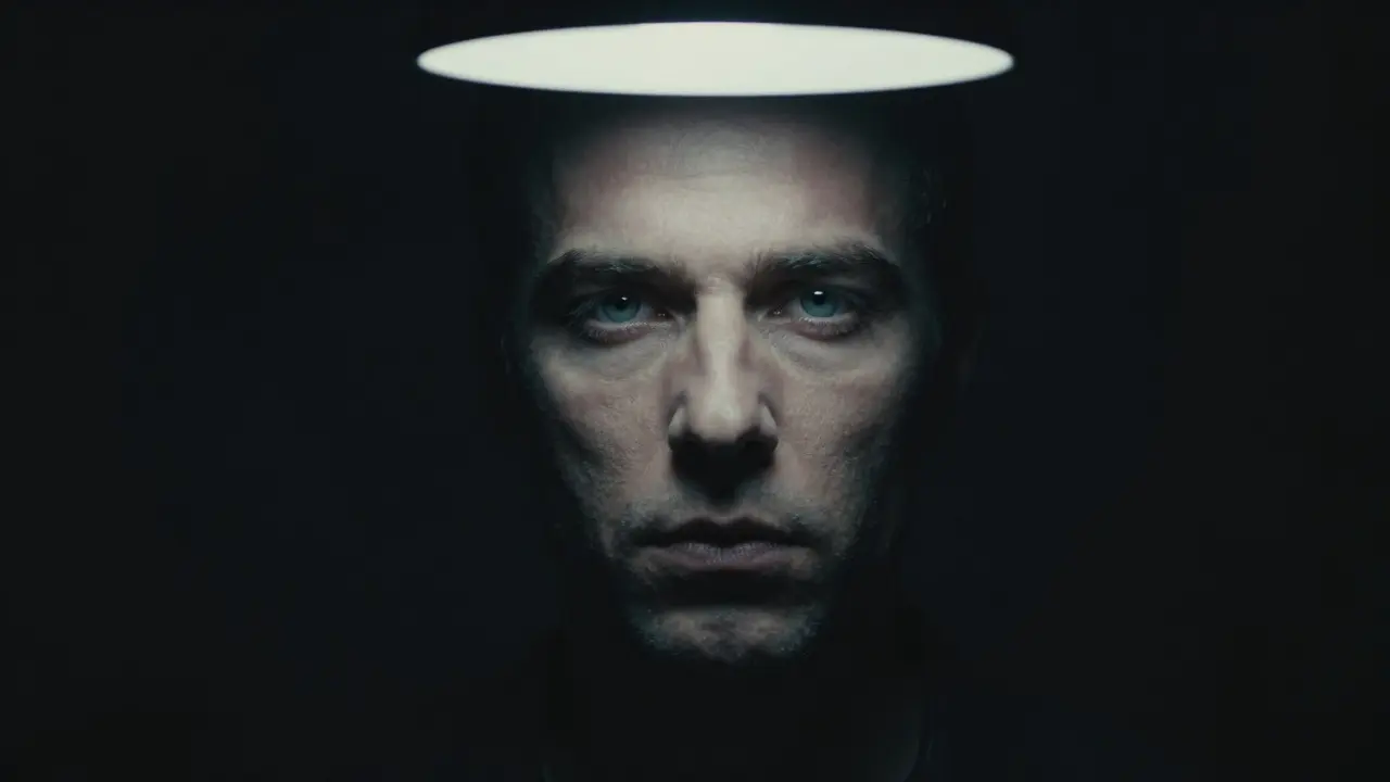 Dramatic male portrait with strong overhead light casting deep facial shadows