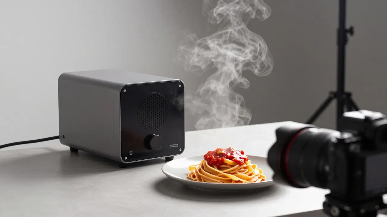Electric steam generator creating mist for pasta photography