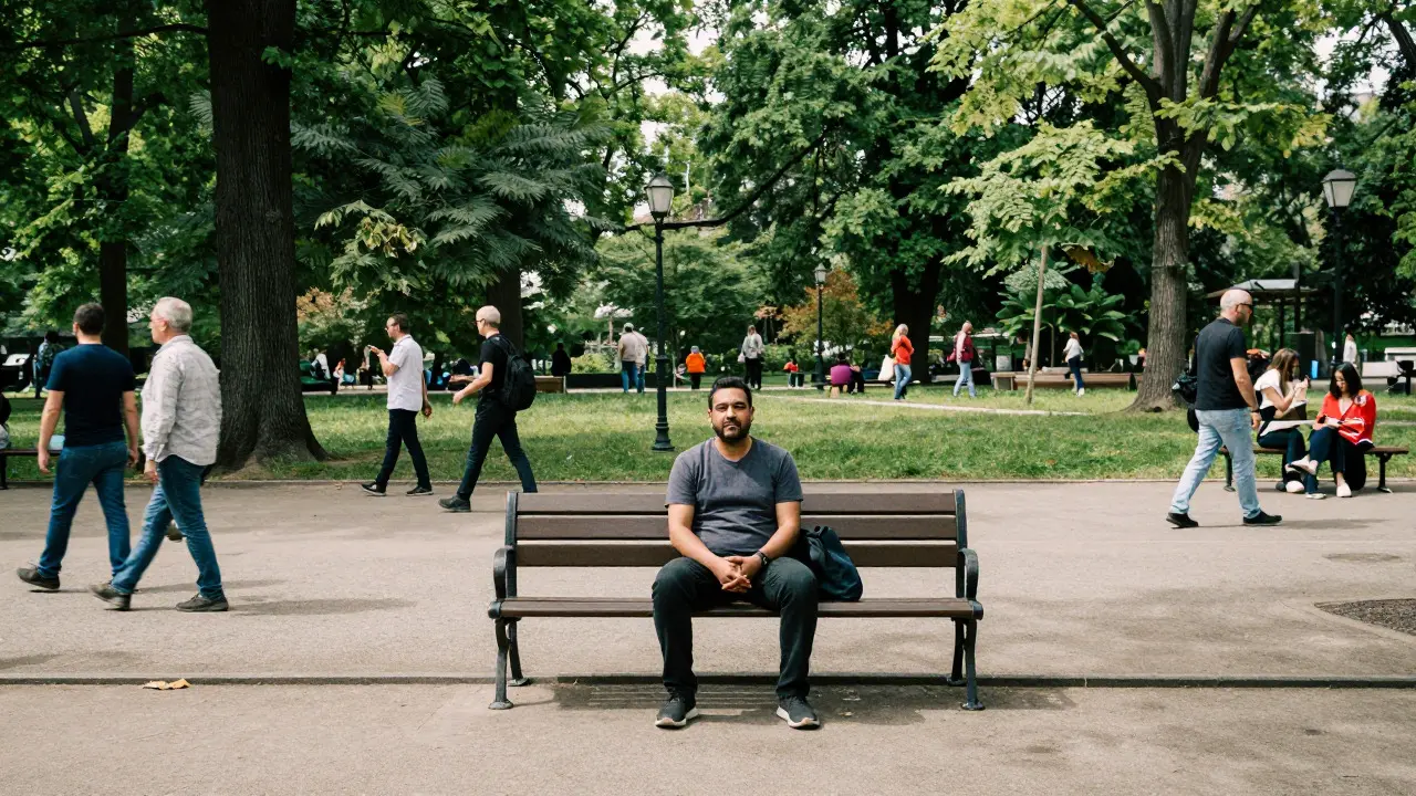 Environmental portrait of a man in a park with visible background context