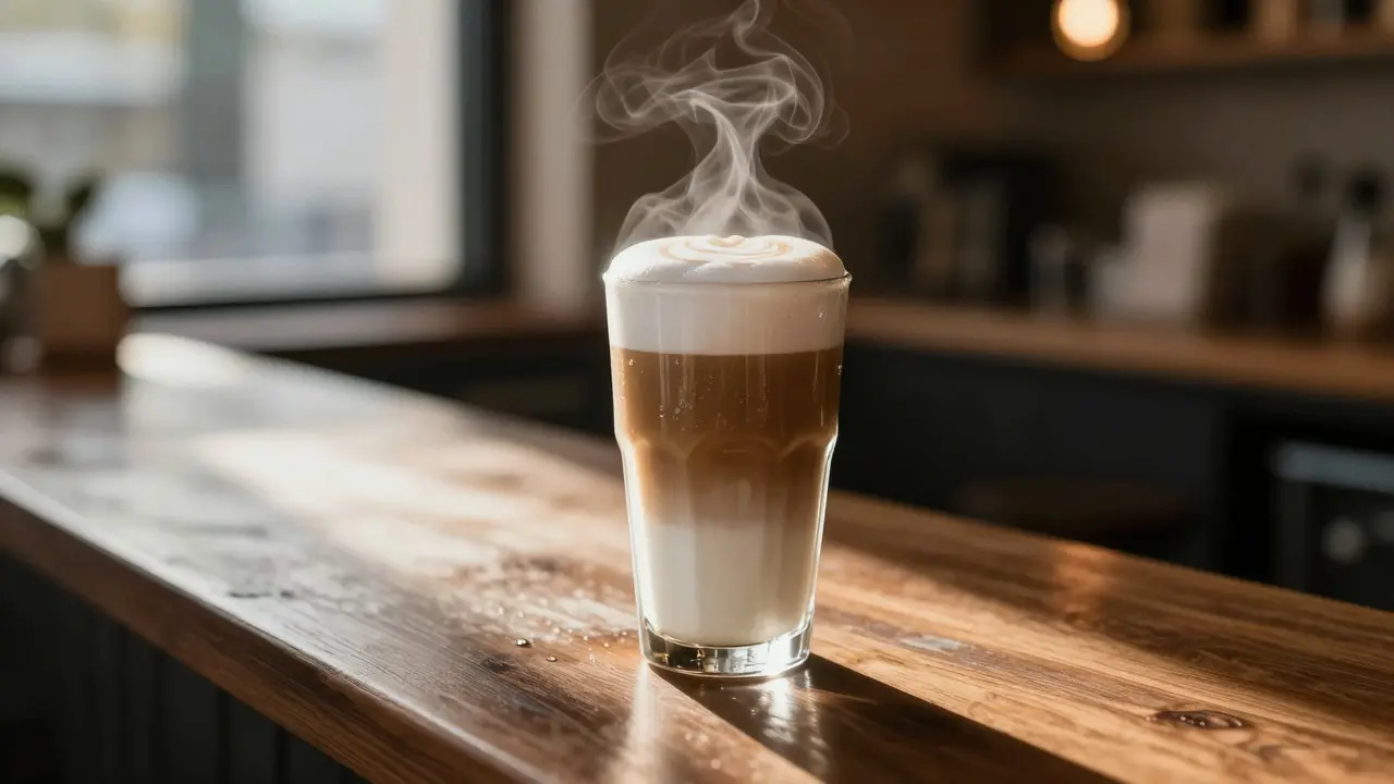 Eye-level shot of a tall latte with glowing steam against a backlit cafe window