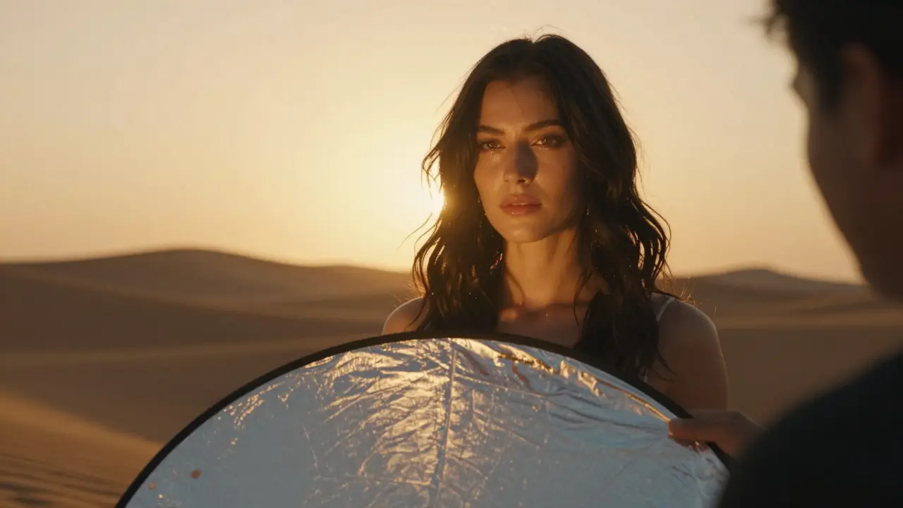 Fashion model with glowing hair rim light and silver reflector in desert