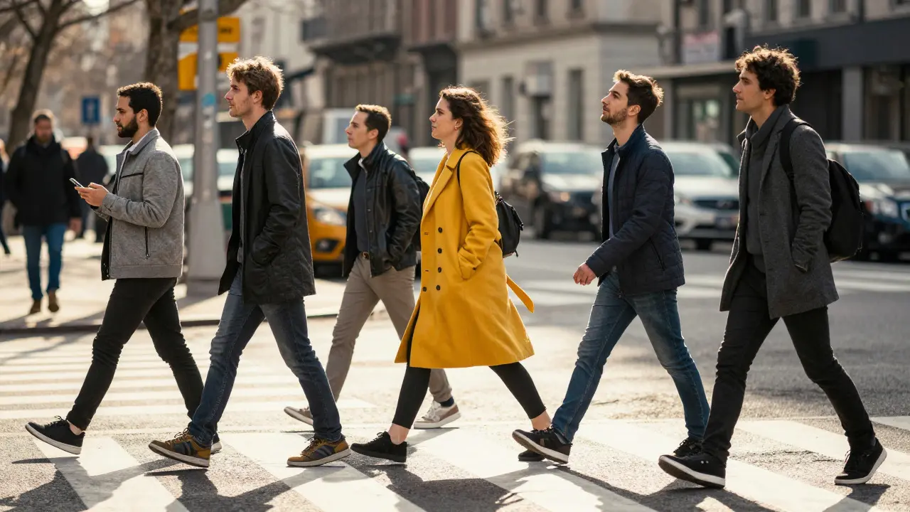 Five pedestrians crossing a street with one person in a yellow coat standing out