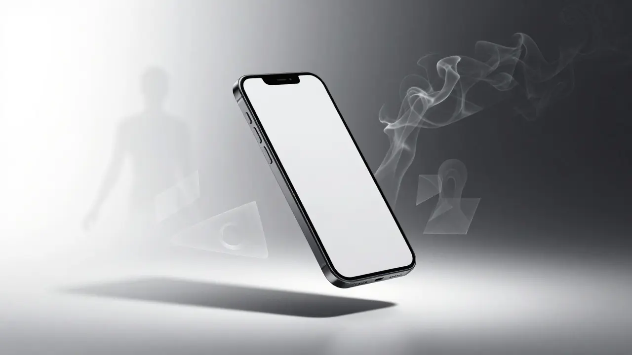 Floating smartphone surrounded by abstract artistic elements blending commercial and fine art styles