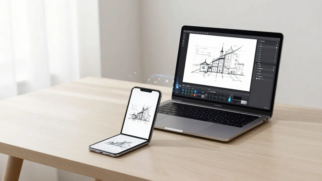 Foldable phone and laptop displaying identical design work on a modern desk