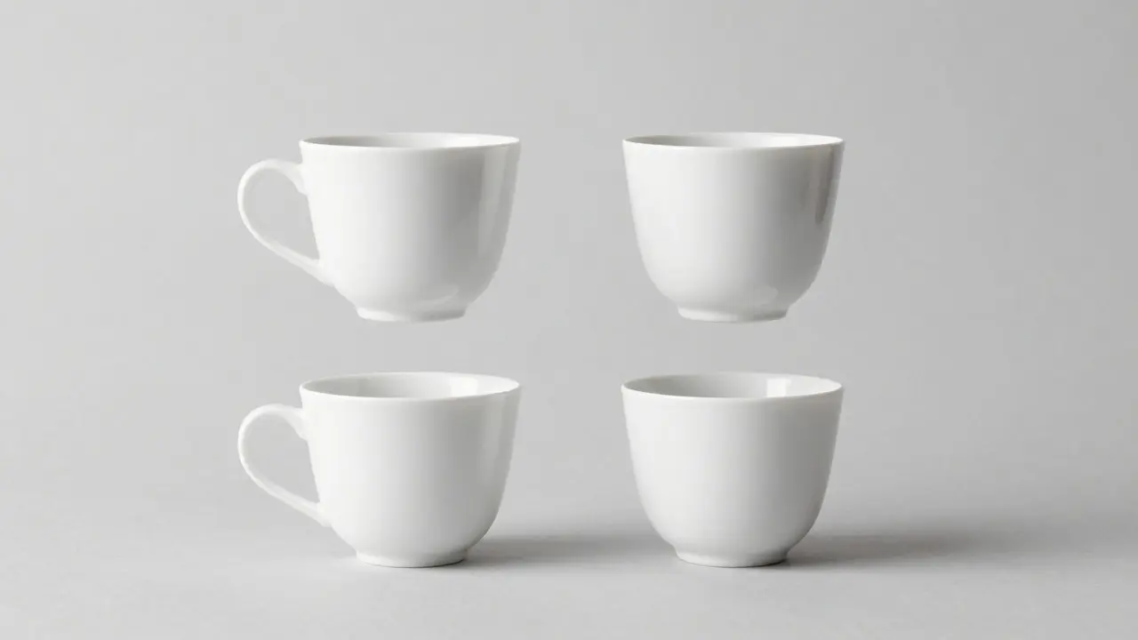 Four white ceramic cups arranged in a square grid on a grey background