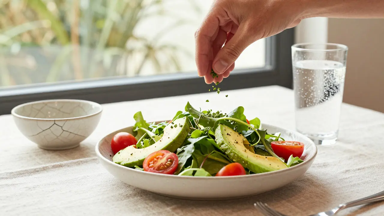 Fresh salad on a linen table with a hand sprinkling herbs in soft natural window light