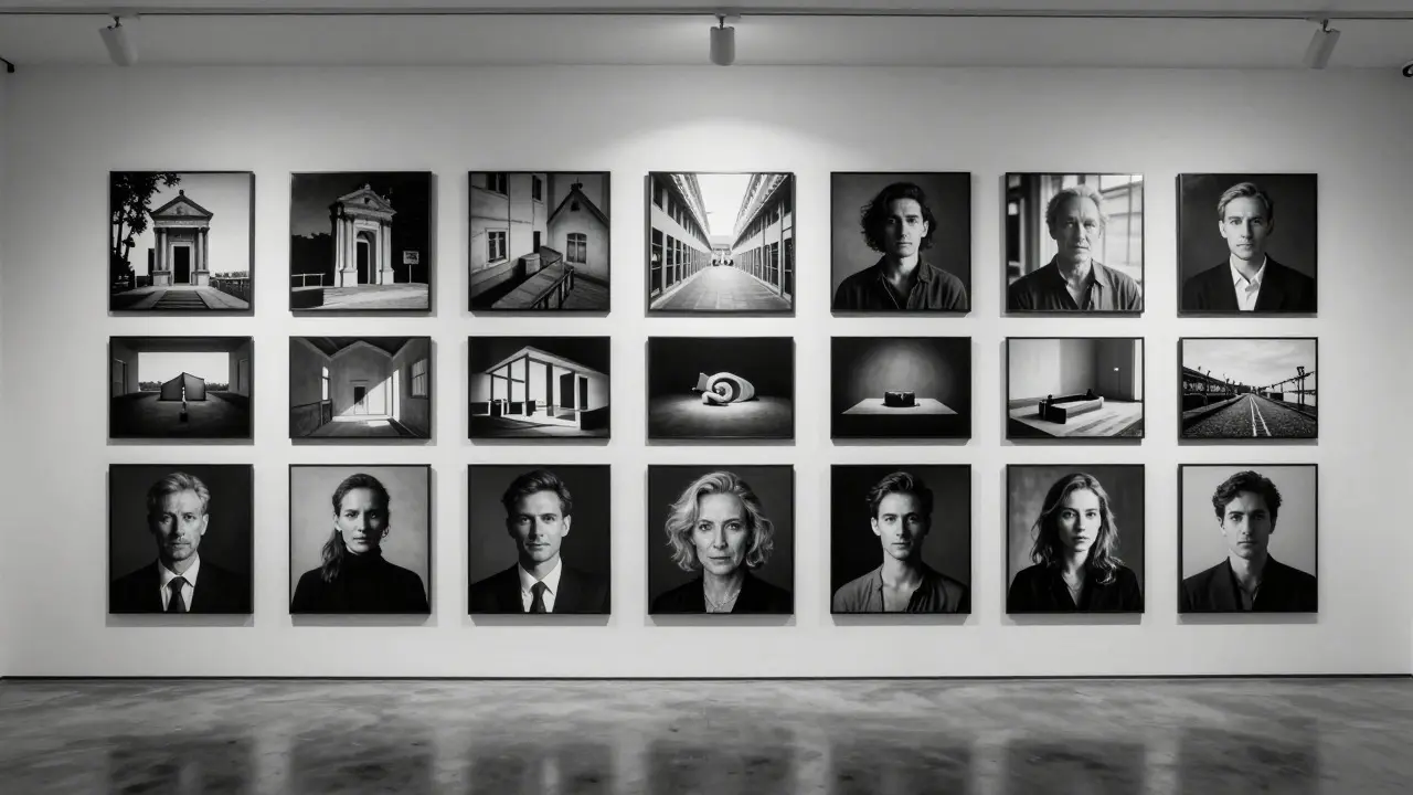 Gallery wall displaying a grid of consistent black-and-white photographs