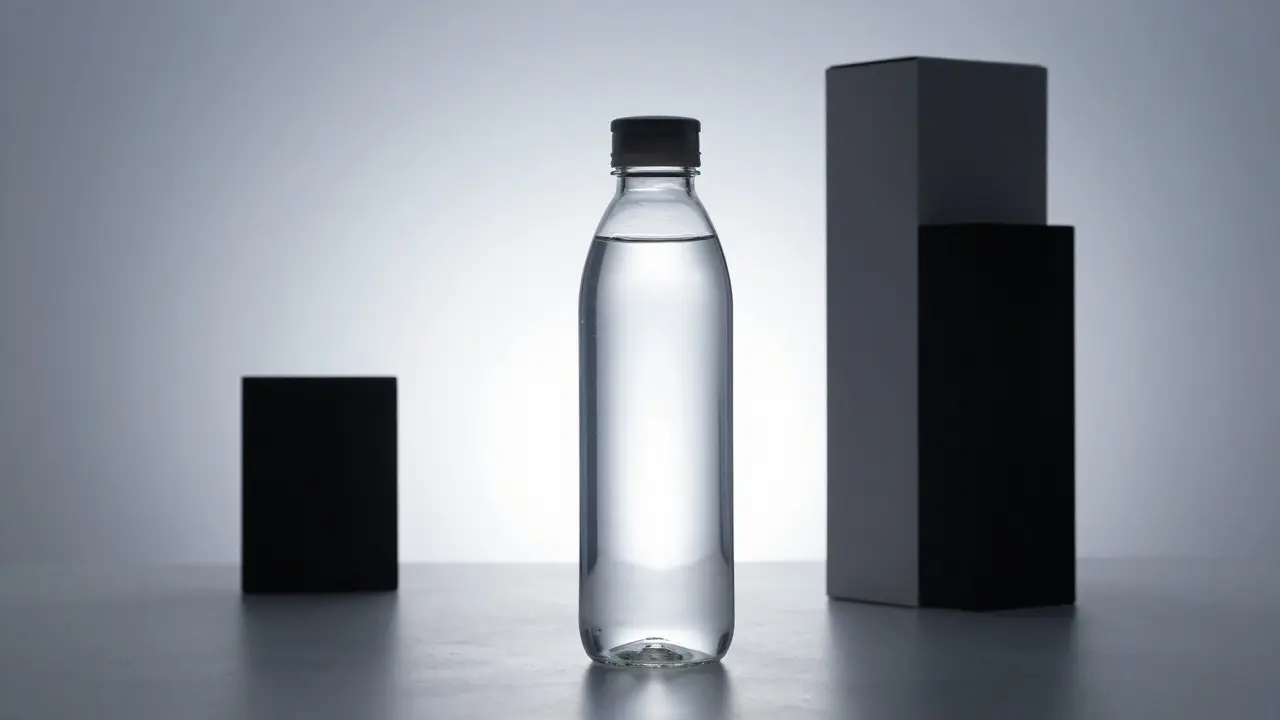 Glass water bottle lit by backlight and strip box in a studio setting