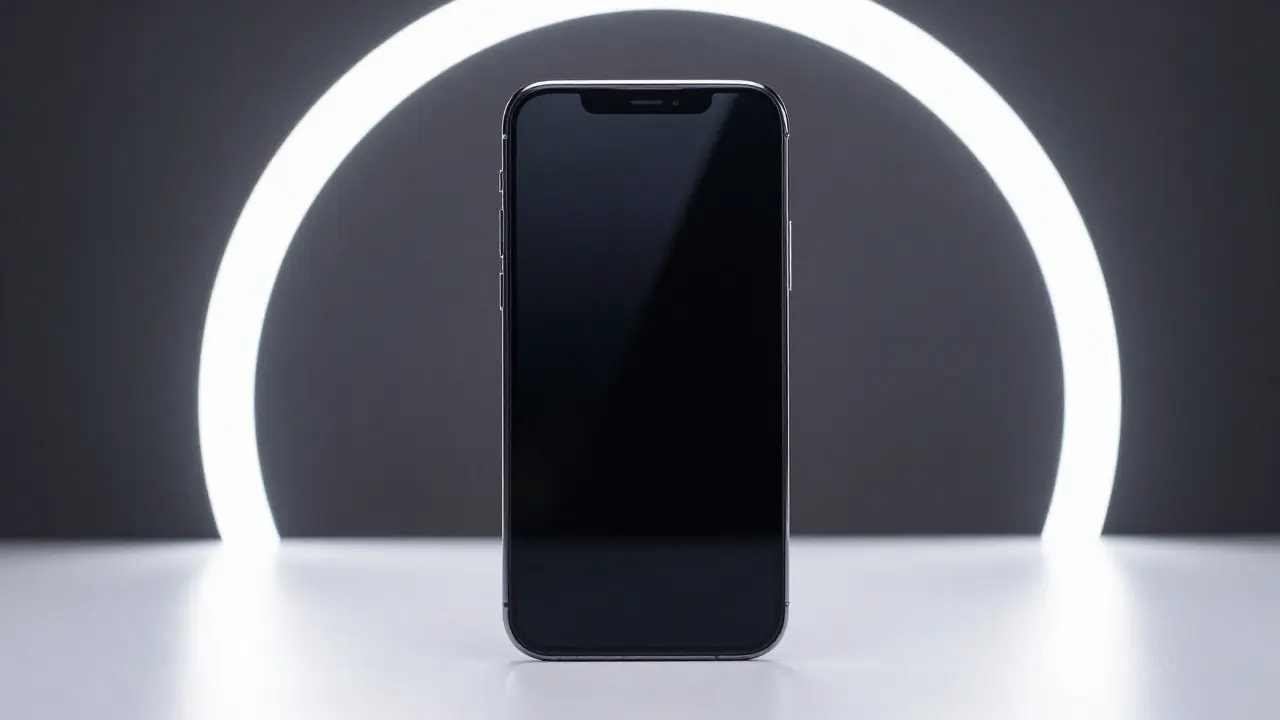Glossy smartphone highlighted by rim light against a dark background