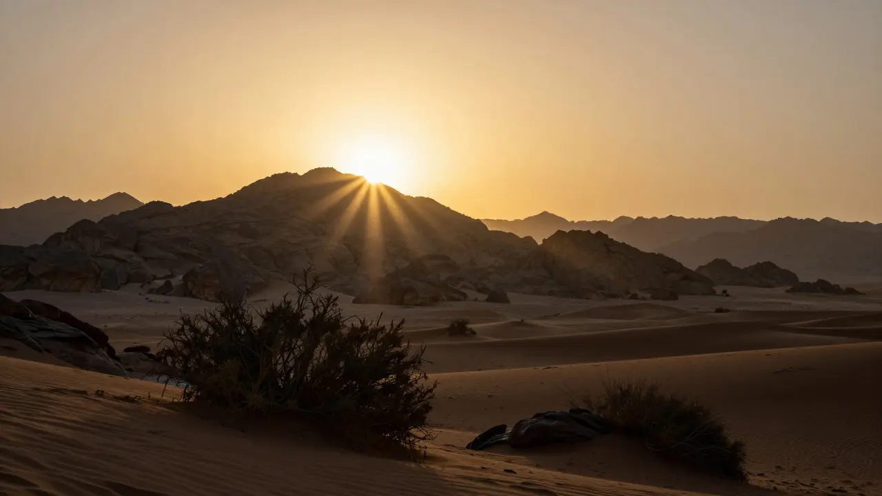 Golden hour sunburst shining over a desert mountain ridge