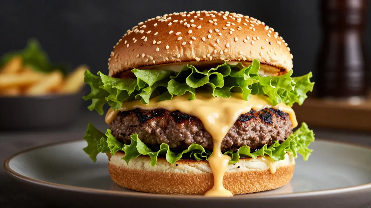 Gourmet burger photographed from a 45-degree angle showing layered ingredients and texture details