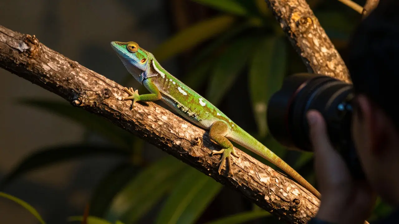 Green Anole lizard stretching on a branch during golden hour sunlight