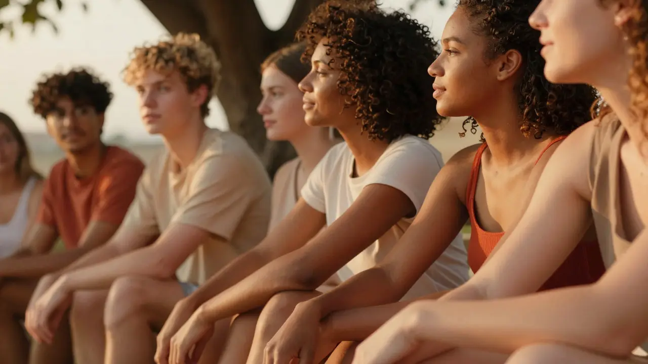 Group of people in soft shade with warm golden hour lighting