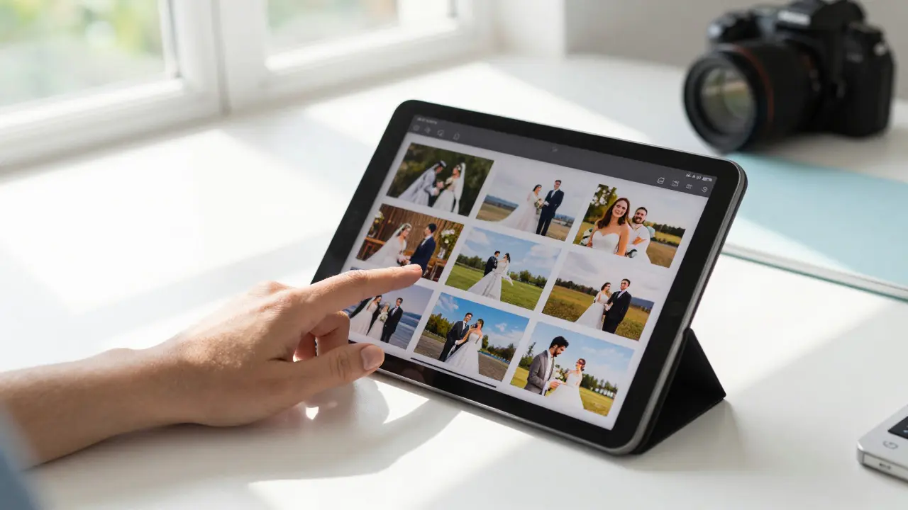 Hand selecting multiple photos on a tablet in a bright, organized workspace