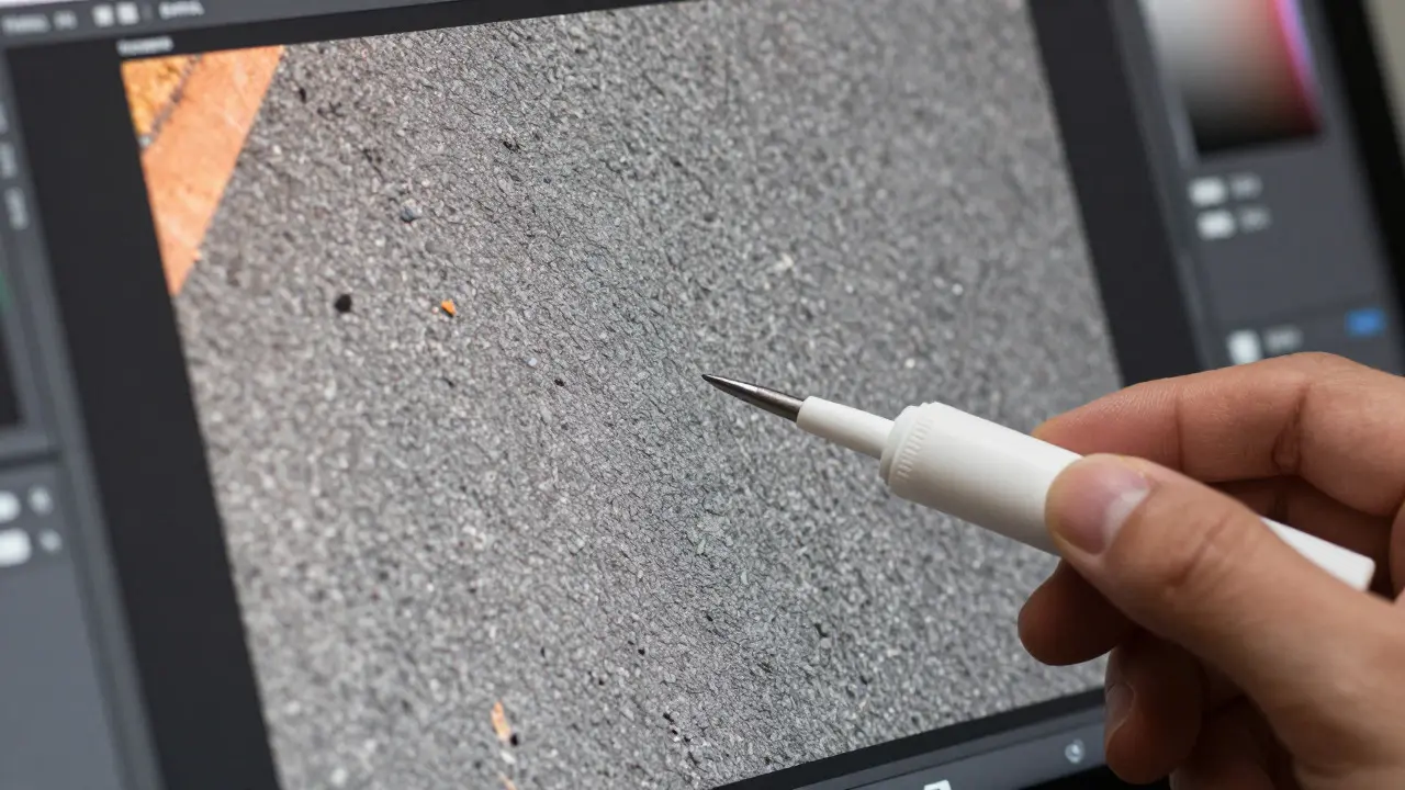 Hand using an eyedropper tool on a gray asphalt texture for white balance
