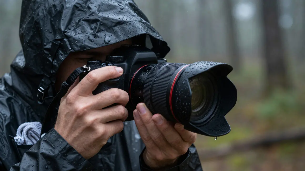 Hands adjusting a camera with a rain cover in wet weather