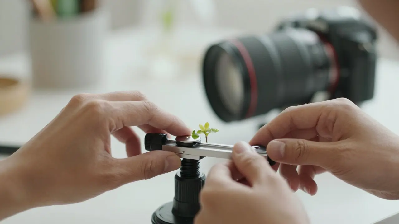 Hands adjusting a focusing rail and remote trigger in a macro photography studio