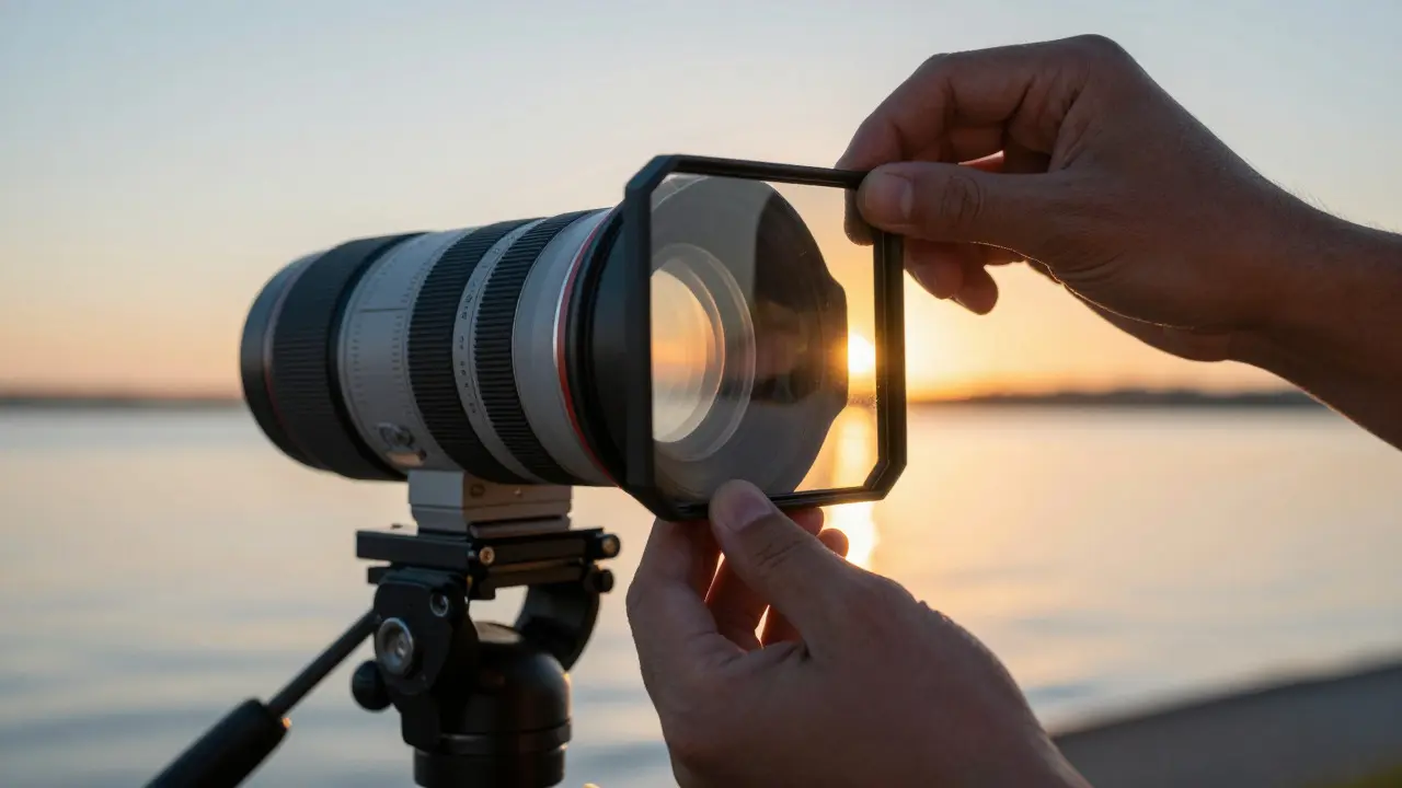 Hands attaching a graduated neutral density filter to a camera lens during a sunrise