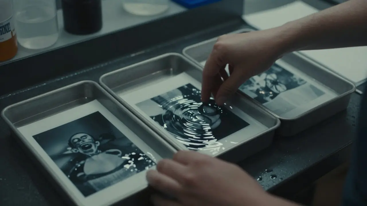 Hands developing a photo in chemical trays during the darkroom printing process