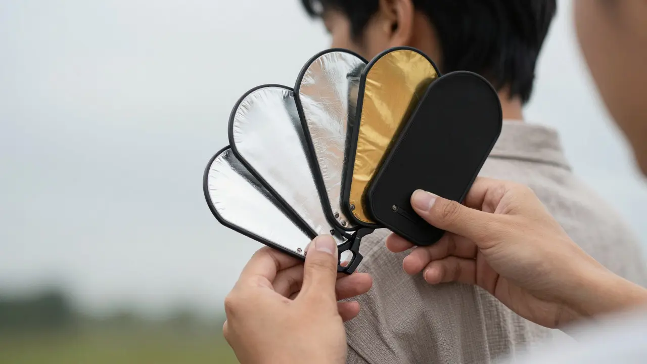 Hands holding a multi-sided reflector kit near a model in overcast light