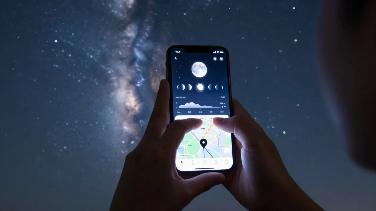 Hands holding a phone with an astronomy app under a starry sky