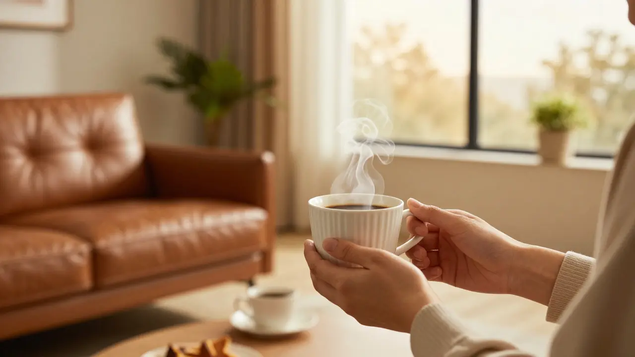 Hands holding a warm coffee cup in a cozy living room setting