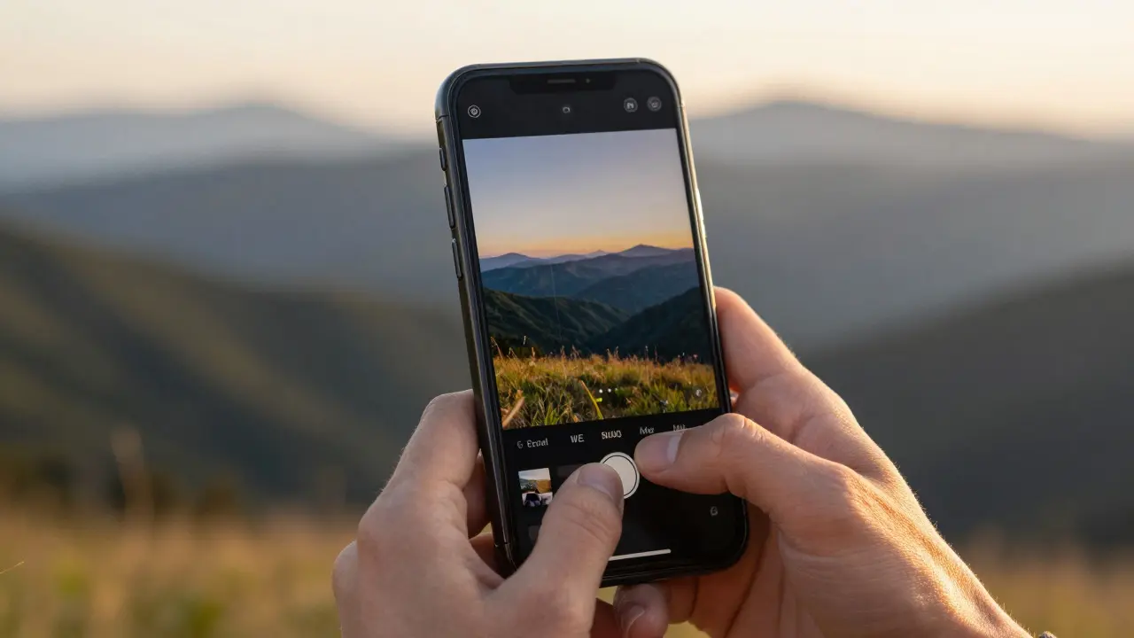Hands using a mobile photo editing app while overlooking a mountain landscape