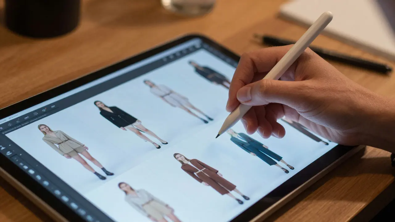 Hands using a stylus on a tablet to edit a grid of fashion images