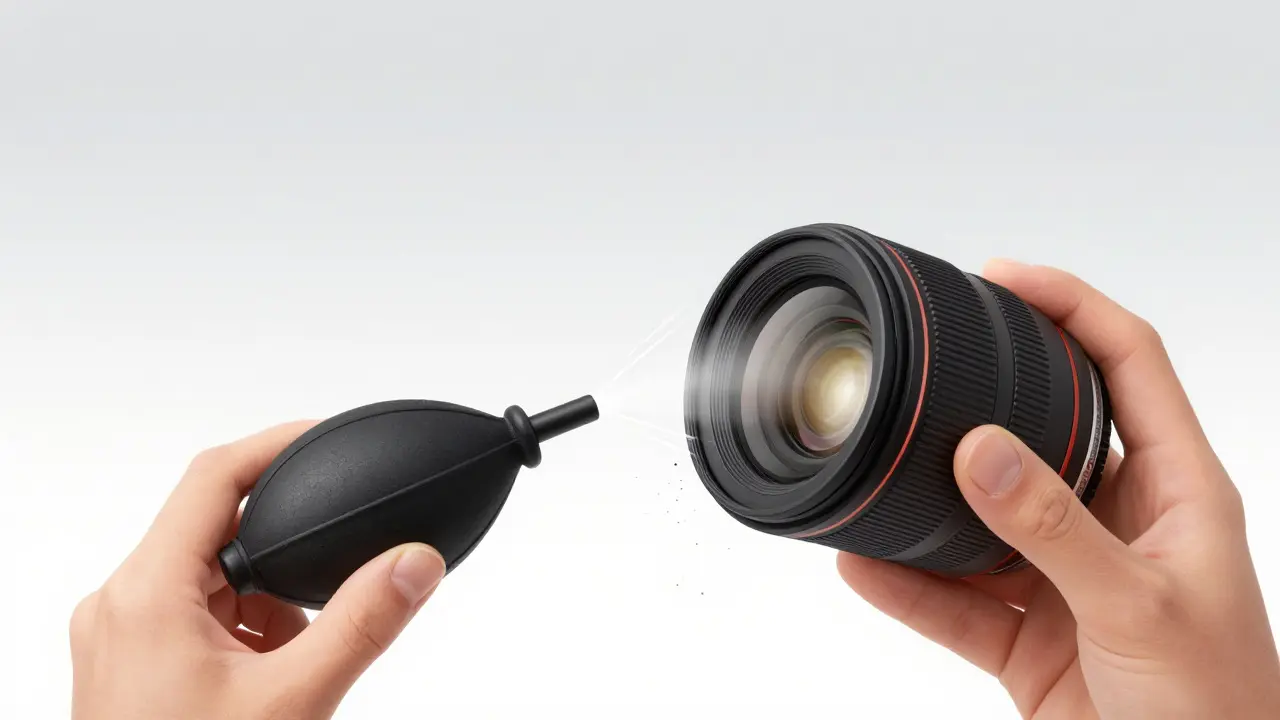 Hands using an air blower to remove dust from a camera lens in a bright setting