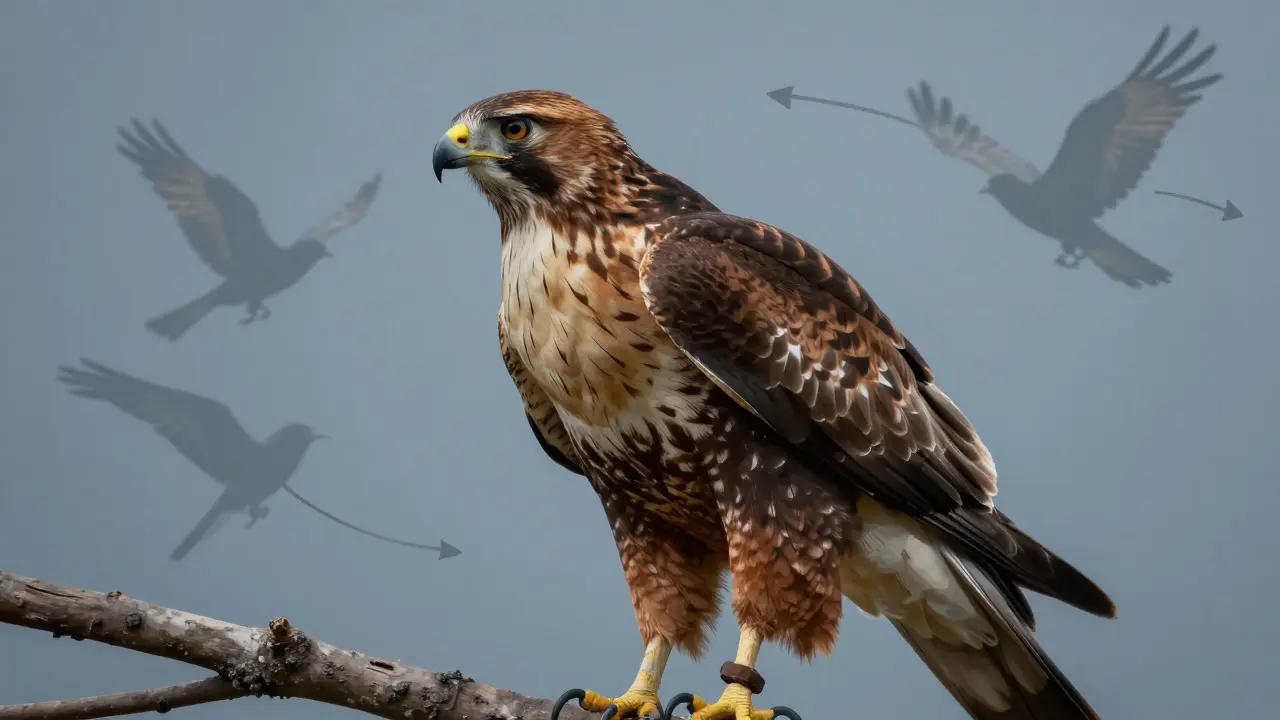 Hawk perched on branch with visual cues of impending movement