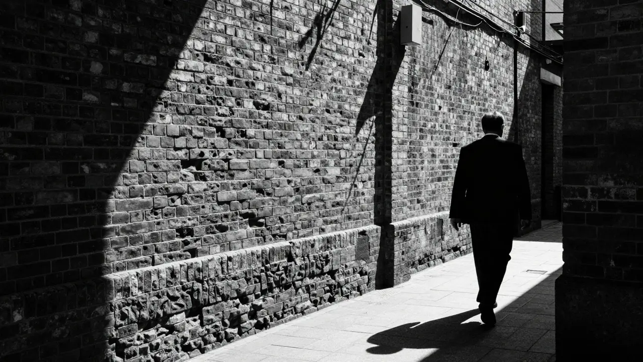 High-contrast black and white street photo of a figure walking through a textured, grainy alleyway