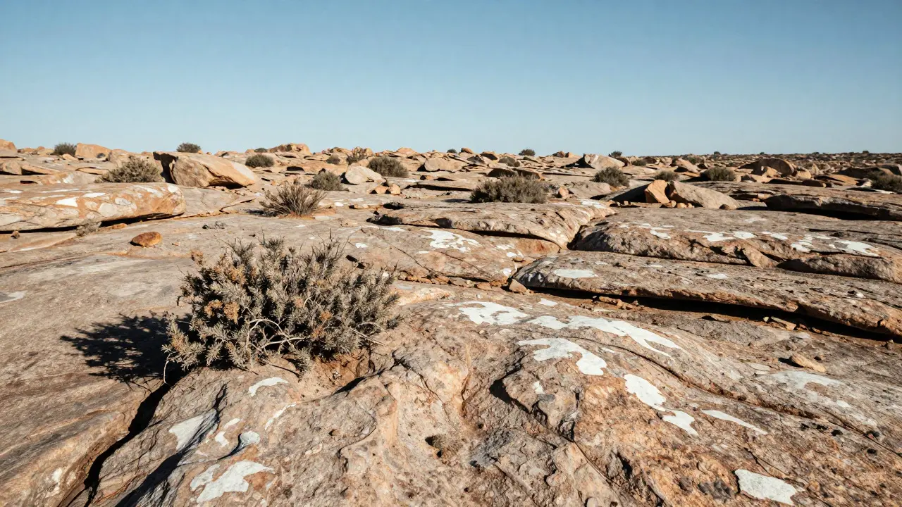 High horizon composition focusing on detailed rocky foreground and sparse sky