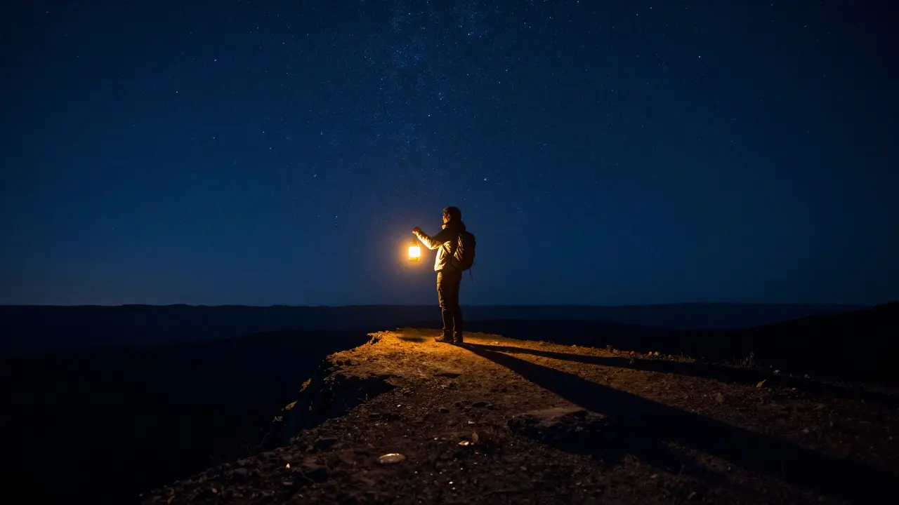 Hiker with a warm lantern standing on a cliff under the night stars
