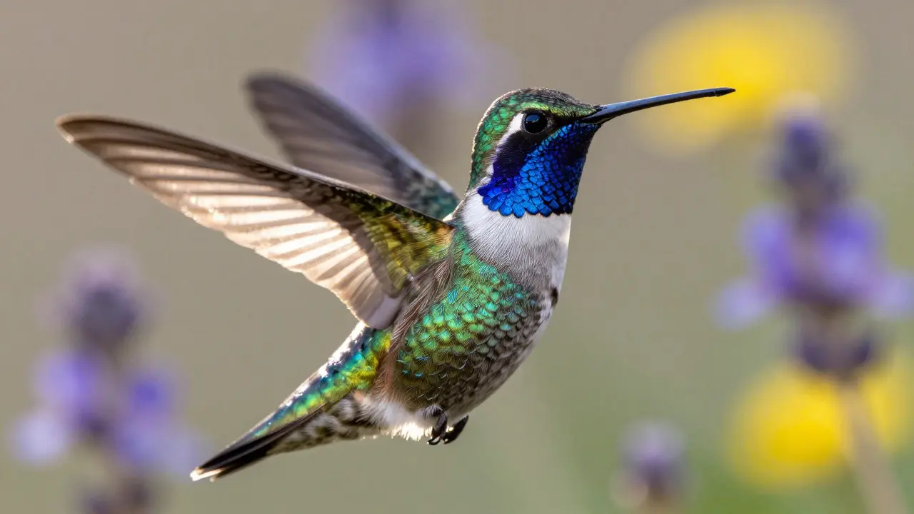 Hummingbird with iridescent feathers shimmering in strong backlight