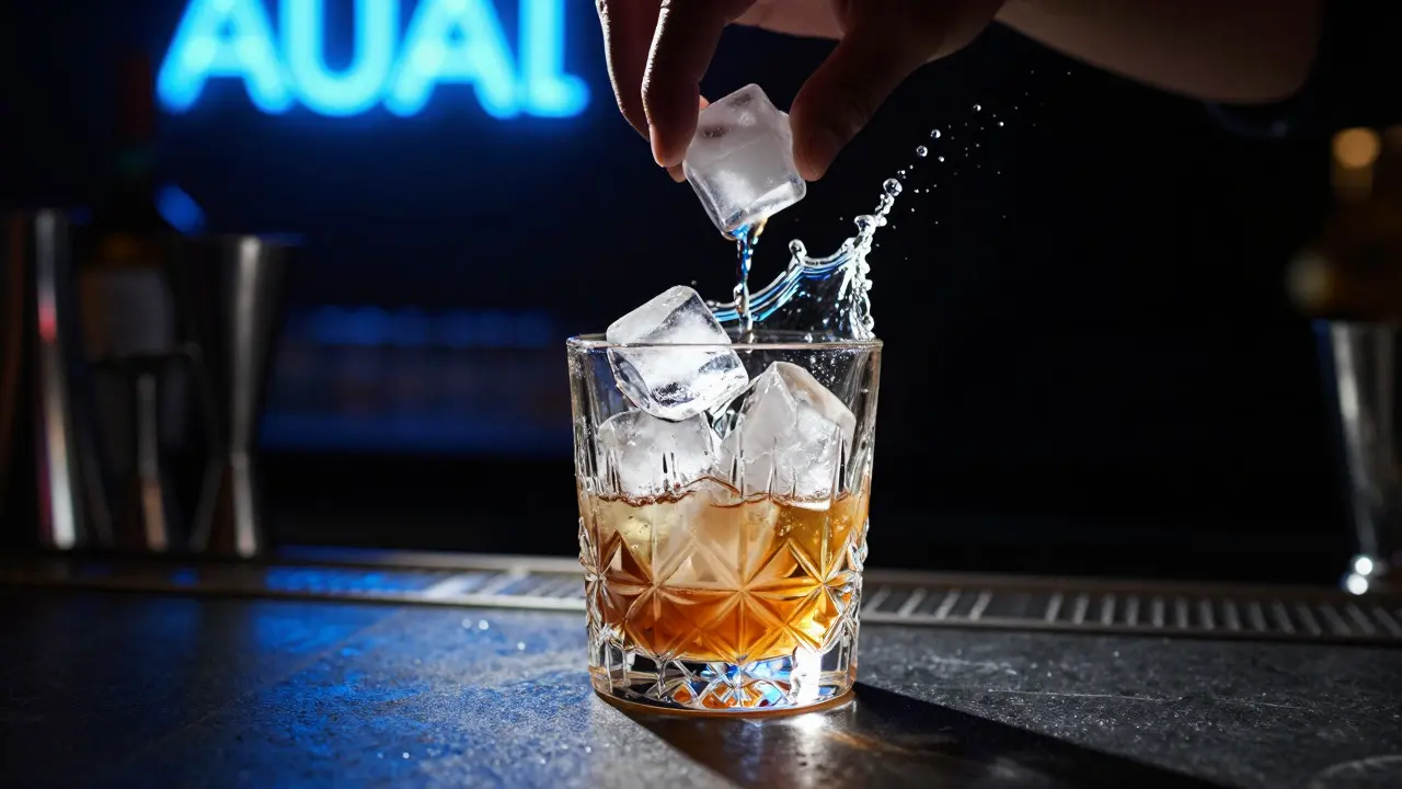 Ice cubes dropping into a crystal cocktail glass with dramatic hard lighting and sharp shadows