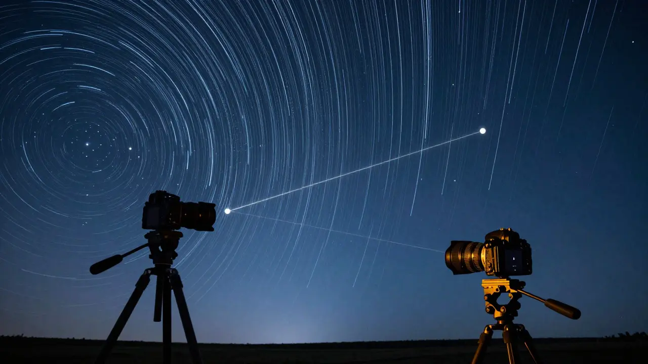 Illustration comparing star trails without tracking versus sharp stars with a tracker