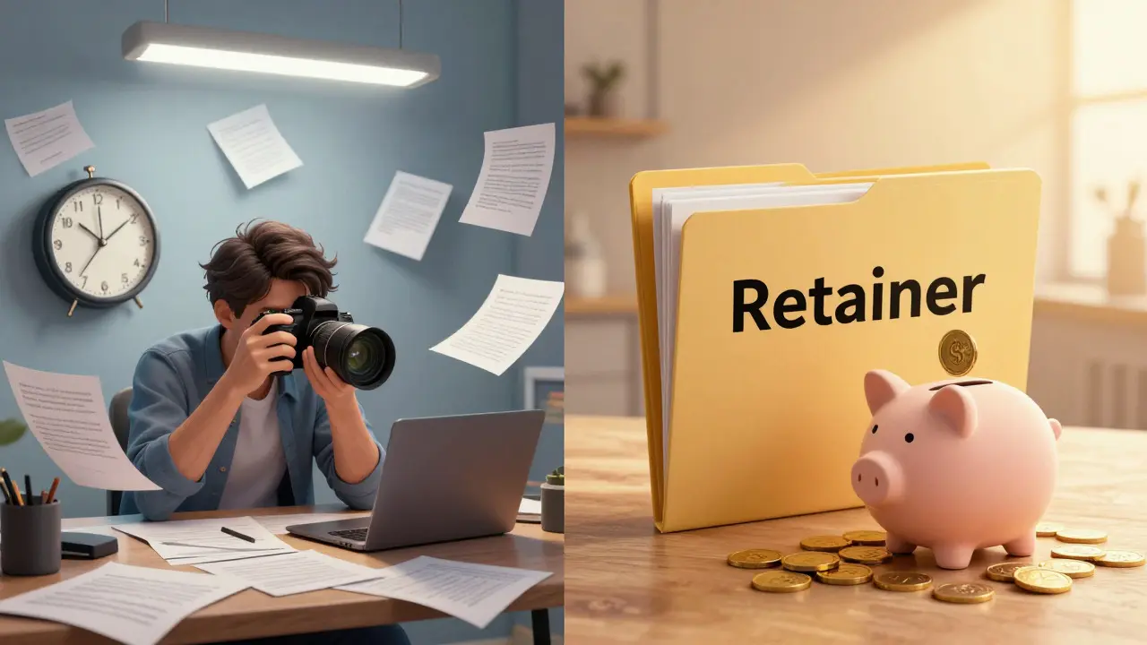 Illustration contrasting chaotic freelance work with stable retainer income