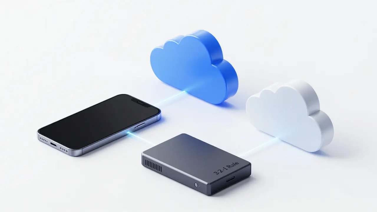 Illustration of phone, SSD, and cloud connected for backup