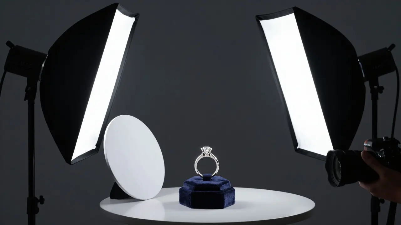 Jewelry ring photographed with two strip softboxes and a reflector card to control reflections.