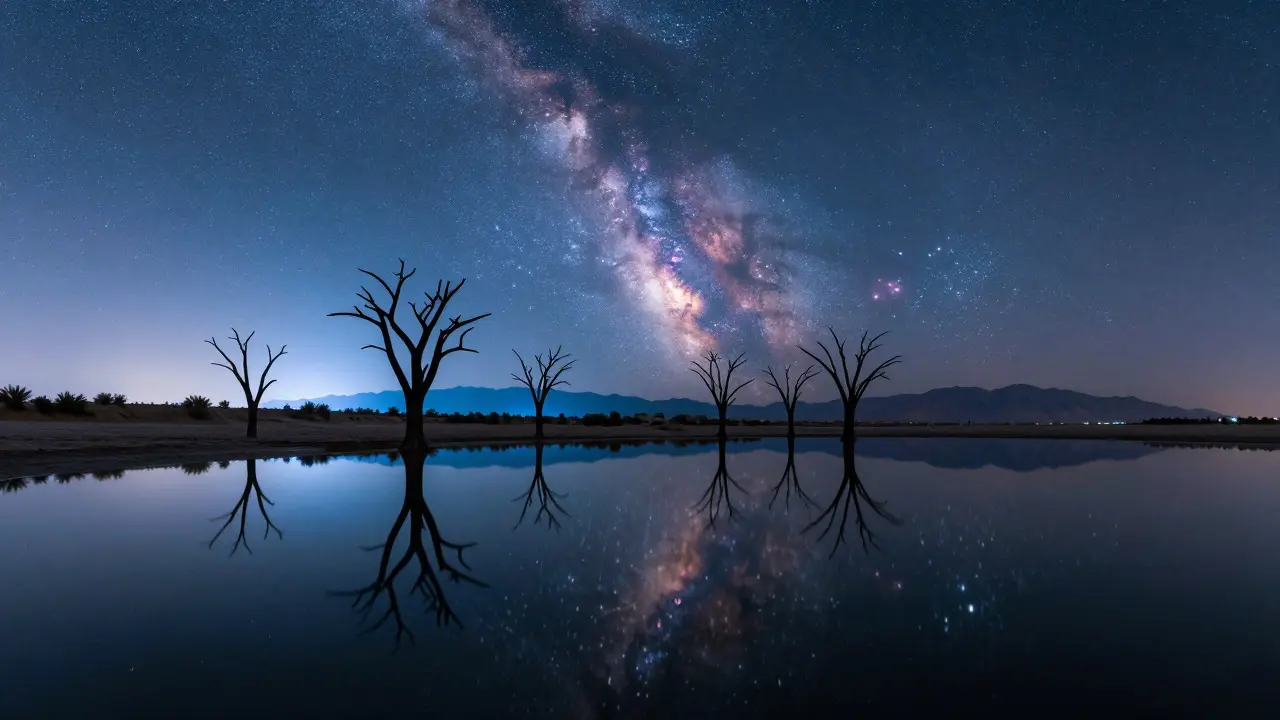Lake reflecting the Milky Way and bare trees at night