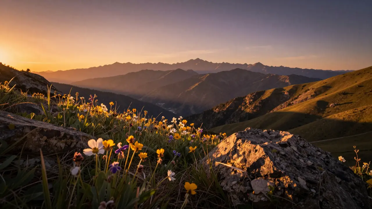 Landscape photo with sharp foreground flowers and distant mountains at golden hour