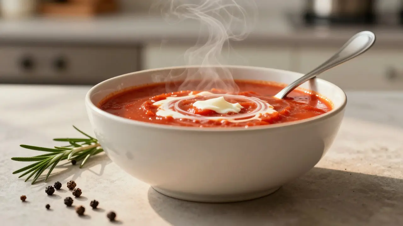Layered shot of soup bowl with blurred foreground herbs and spoon