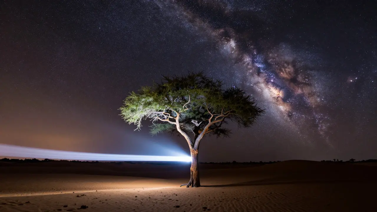 Light-painted tree under the Milky Way with horizon light pollution