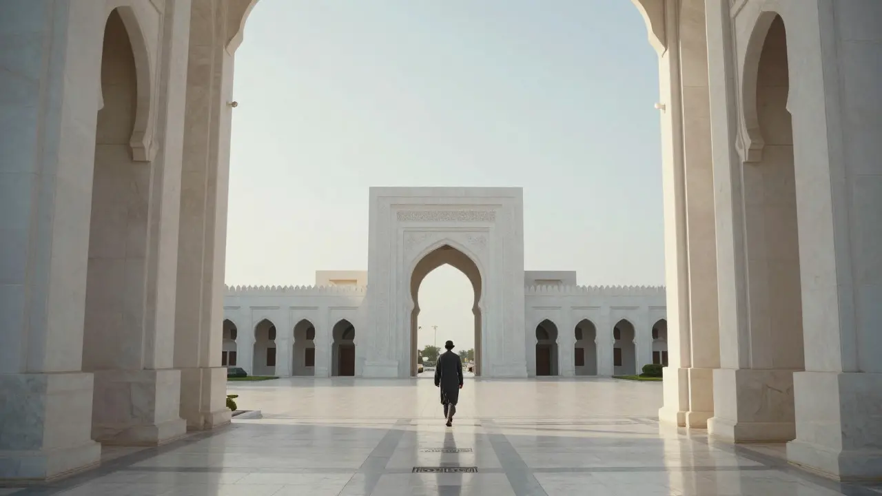 Lone figure walking toward a large historical gate in an open plaza