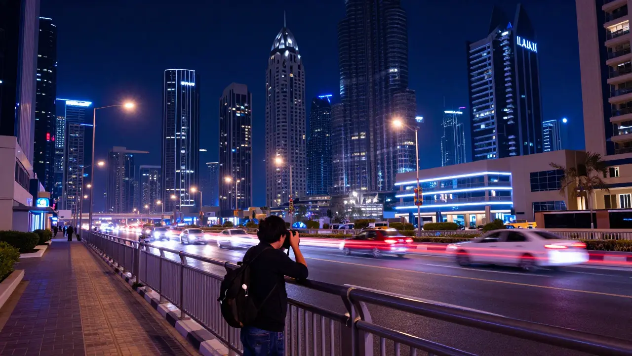 Long exposure cityscape with car light trails taken from a railing at night