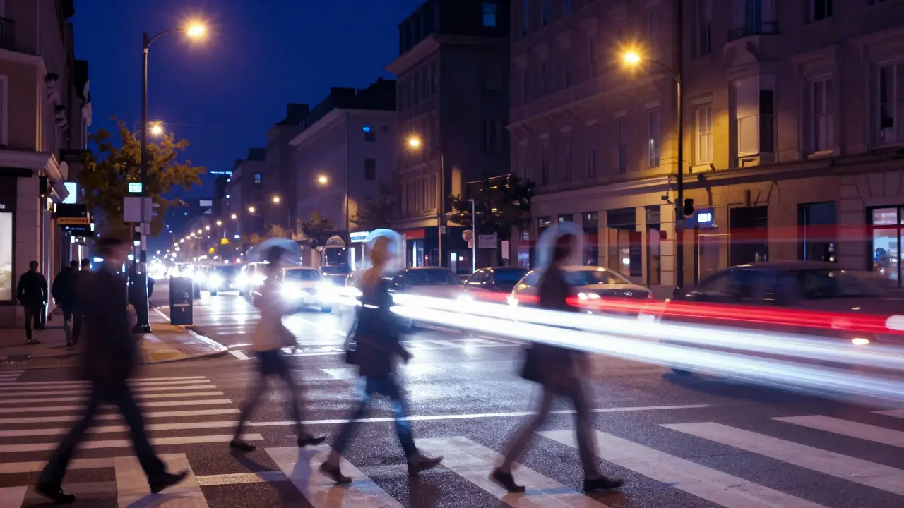 Long exposure light trails and ghostly pedestrian figures at night