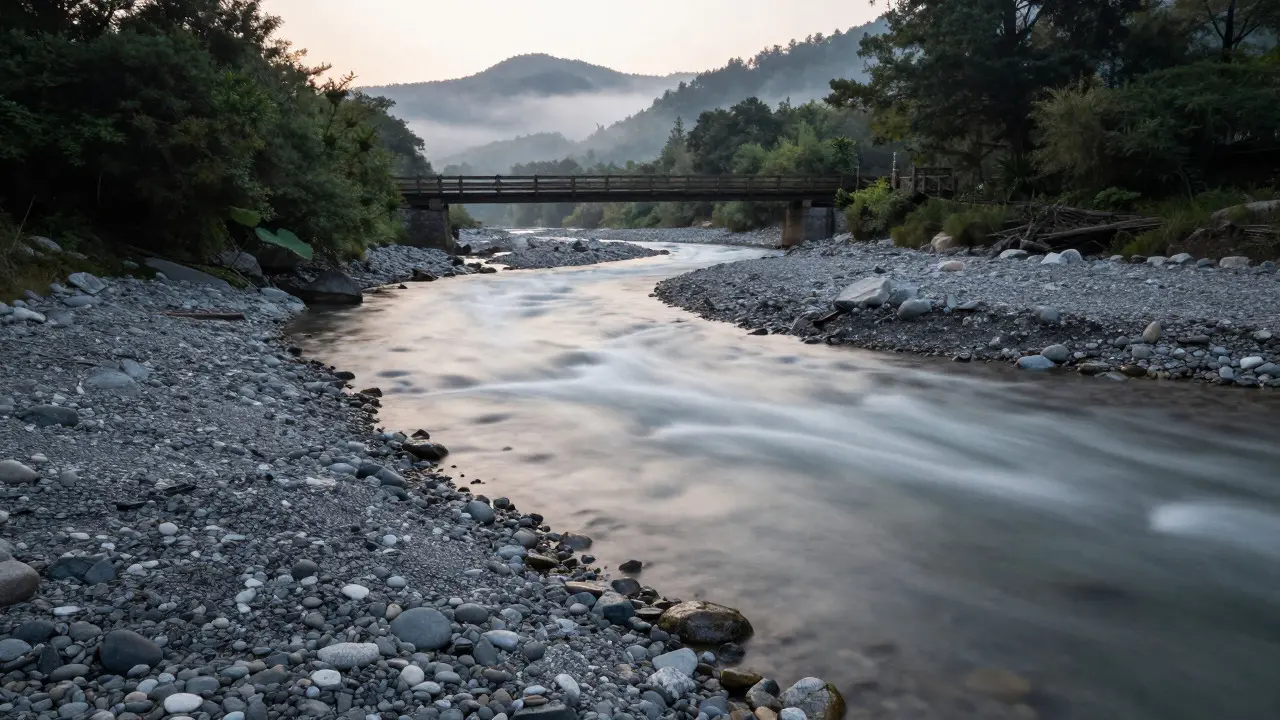 Long exposure of a winding river leading through a misty forest landscape