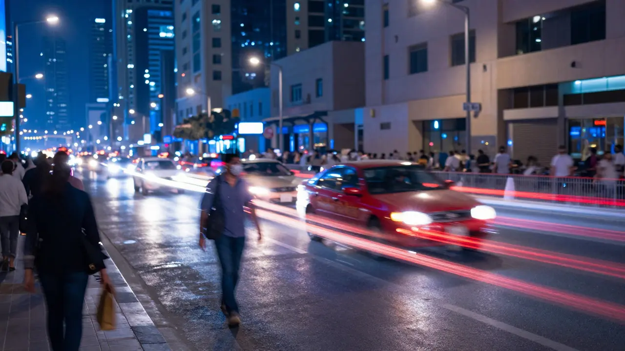 Long exposure street photo with light trails and blurred motion in a city