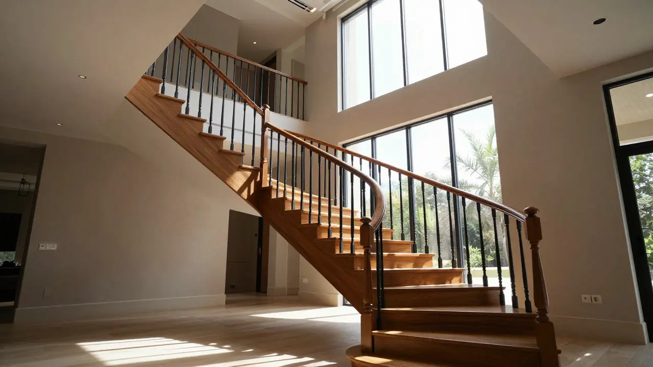 Low-angle shot of a staircase with diagonal lines leading to the top