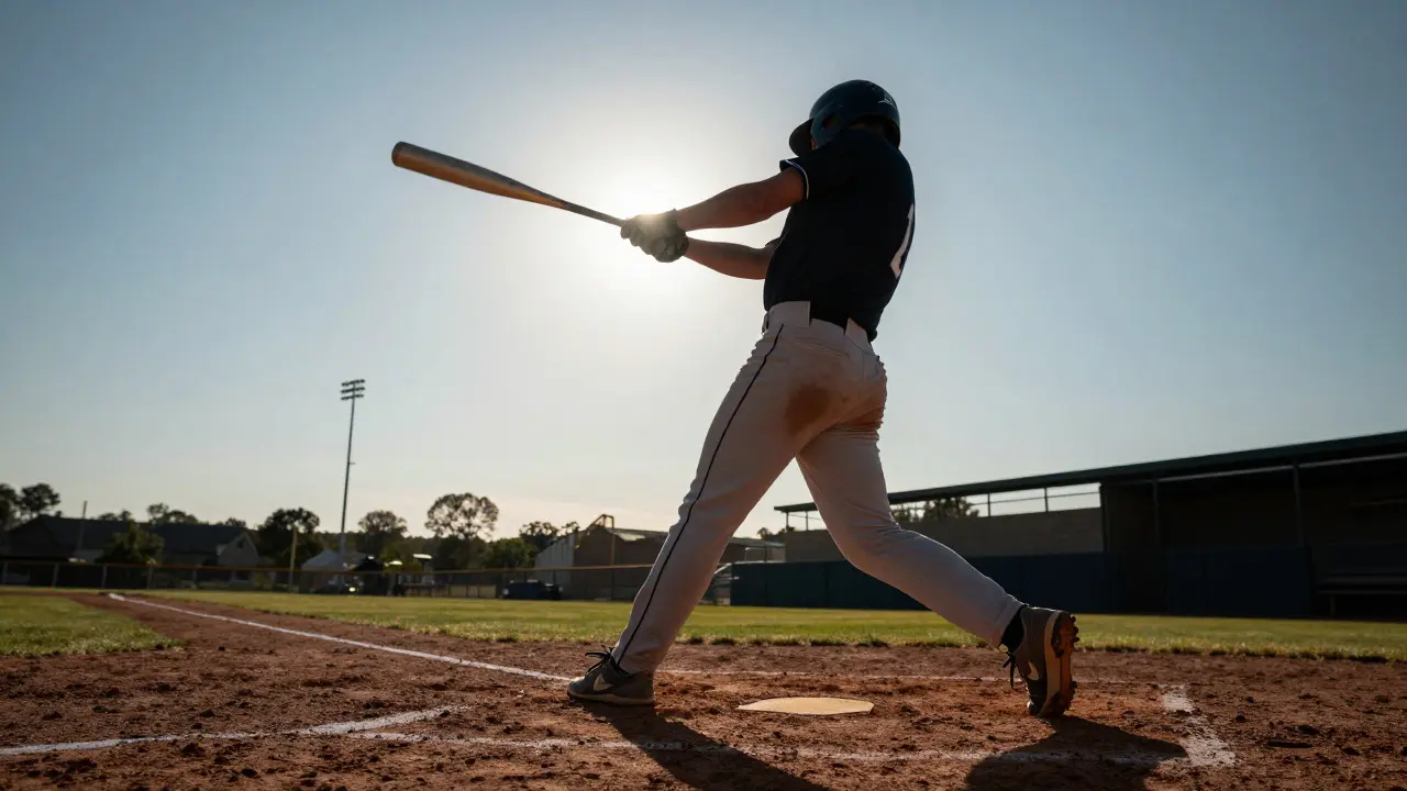 Low-angle view of a batter swinging a bat from the infield dirt
